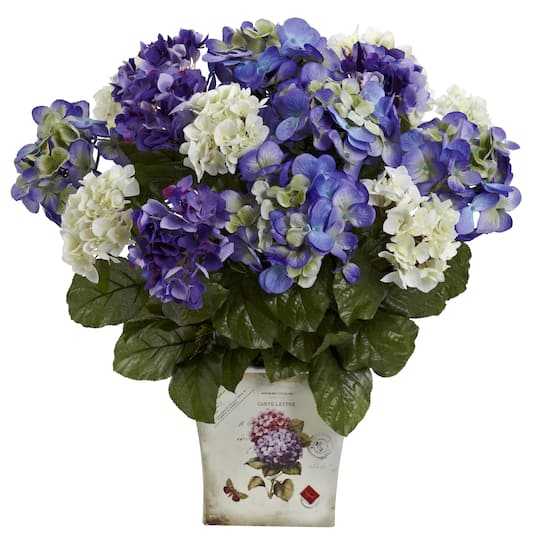 19" Mixed Hydrangea Arrangement in Floral Planter